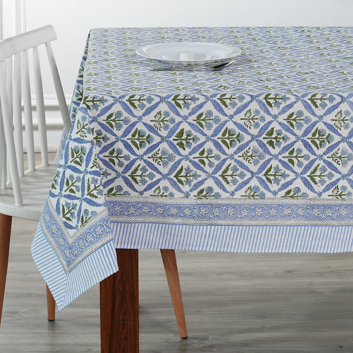 Light Steel Blue Indian Floral Hand Block Printed Tablecloth