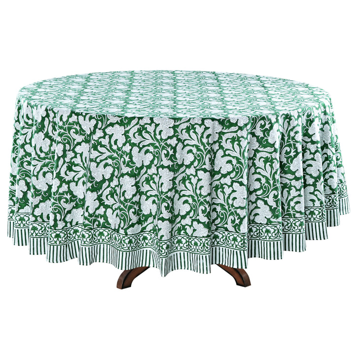 Pantone Artichoke green Indian Floral Block Printed Cotton Round Table cover