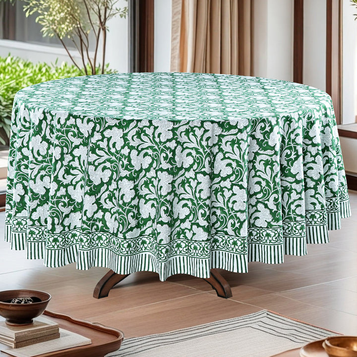 Pantone Artichoke green Indian Floral Block Printed Cotton Round Table cover