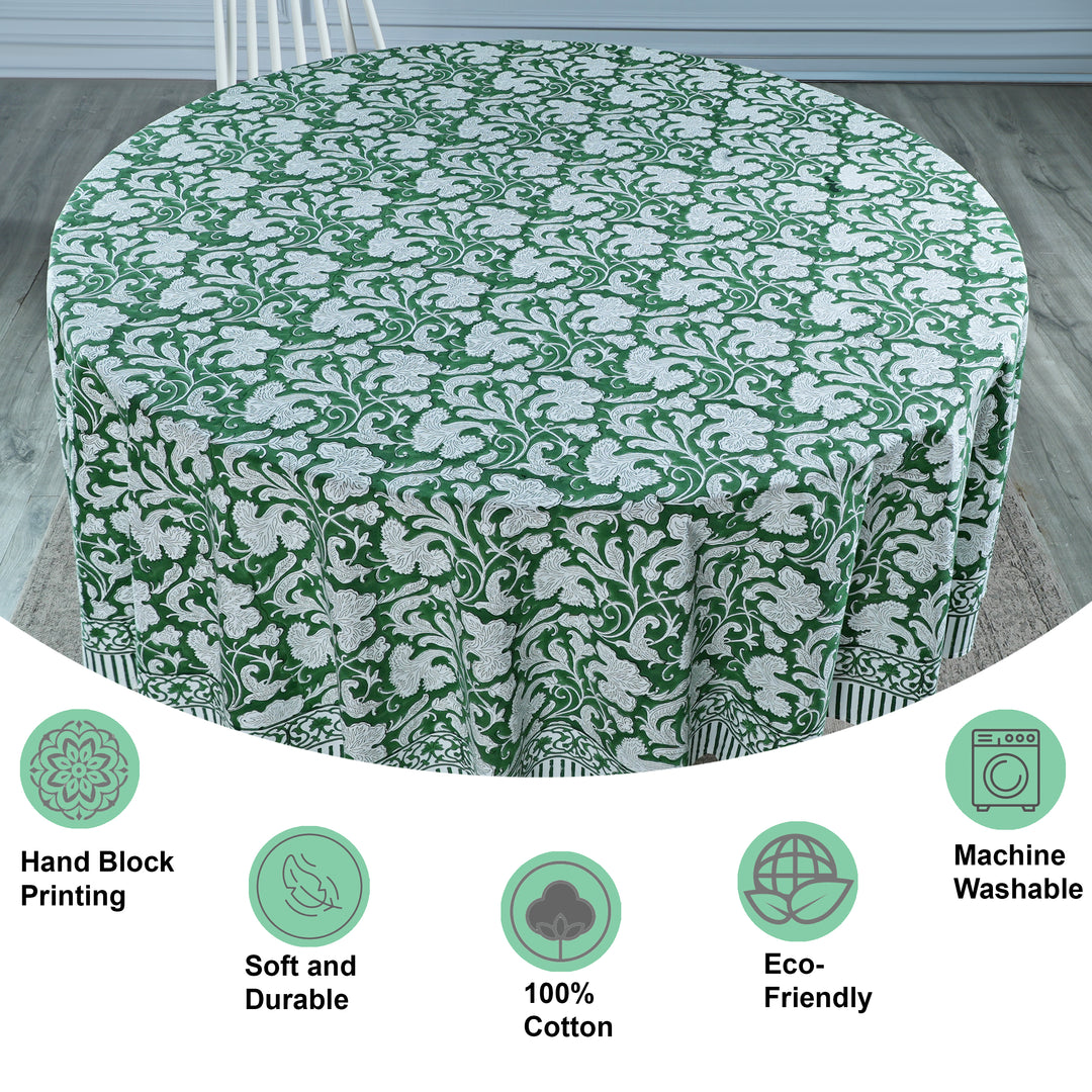 Pantone Artichoke green Indian Floral Block Printed Cotton Round Table cover