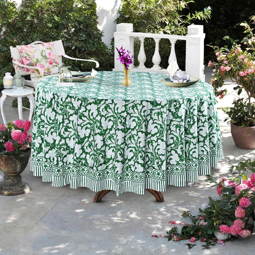 Pantone Artichoke green Indian Floral Block Printed Cotton Round Table cover