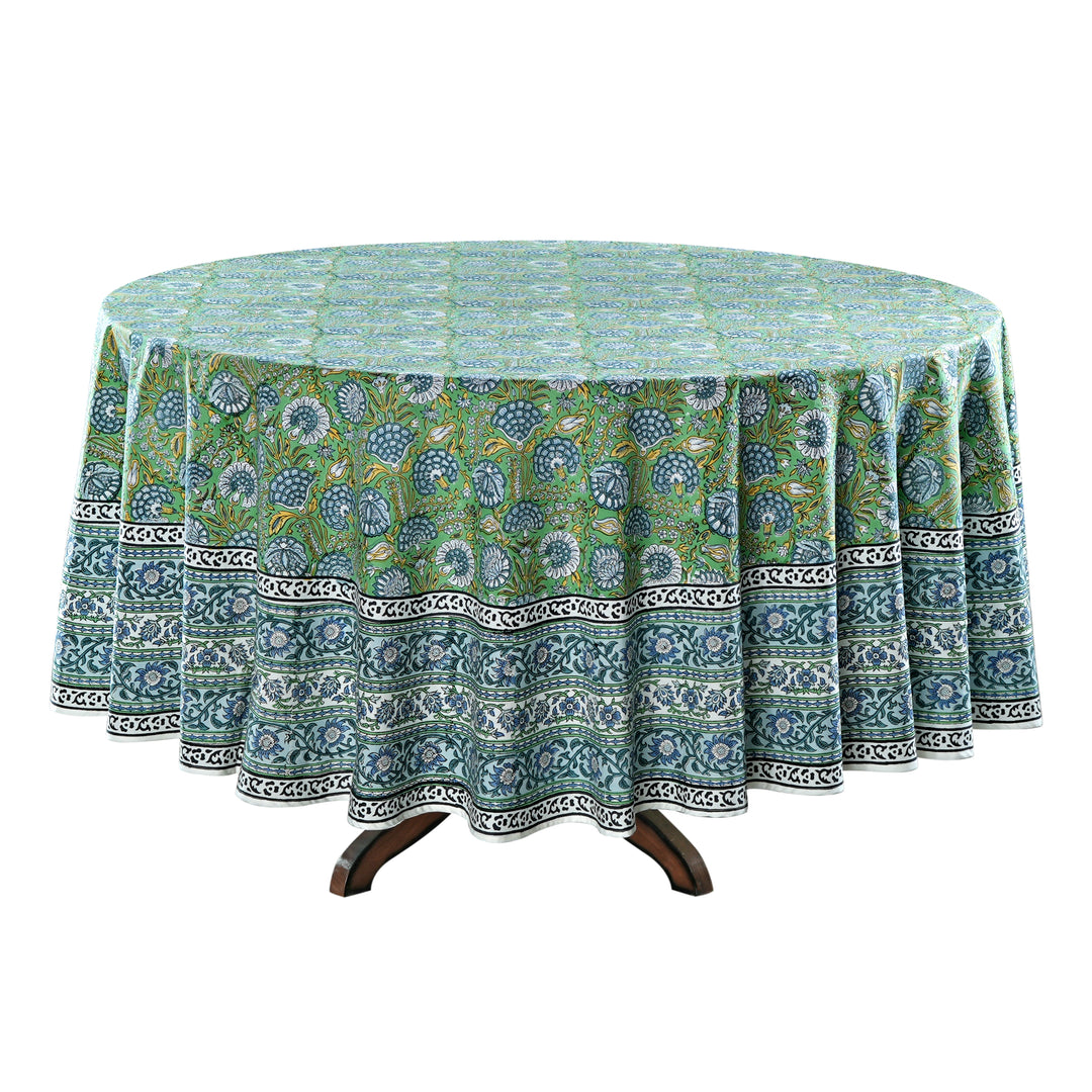 Asparagus Green Gud Indian Floral Hand-Block Printed Cotton Round Tablecloth