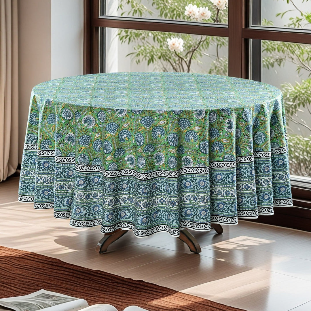 Asparagus Green Gud Indian Floral Hand-Block Printed Cotton Round Tablecloth