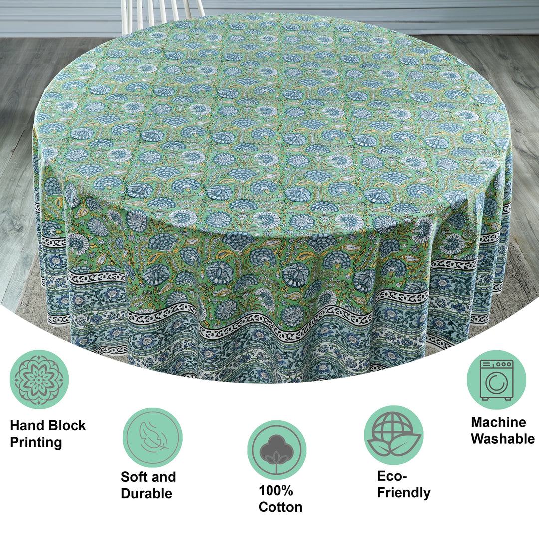 Asparagus Green Gud Indian Floral Hand-Block Printed Cotton Round Tablecloth