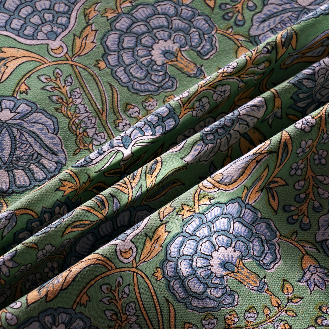 Asparagus Green Gud Indian Floral Hand-Block Printed Cotton Round Tablecloth