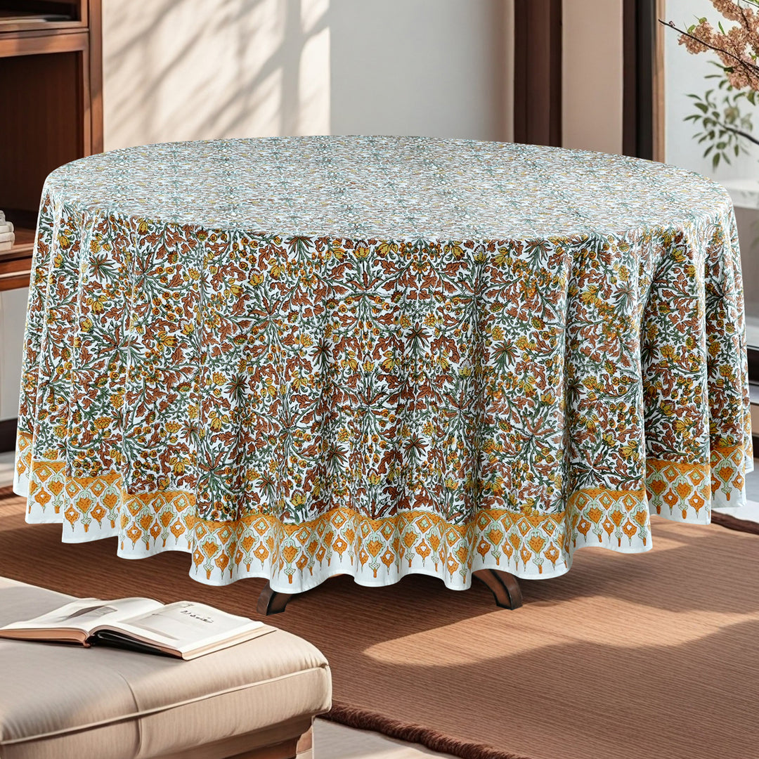 Goldenrod Yellow Indian Floral Hand-Block Printed Cotton Round Tablecloth