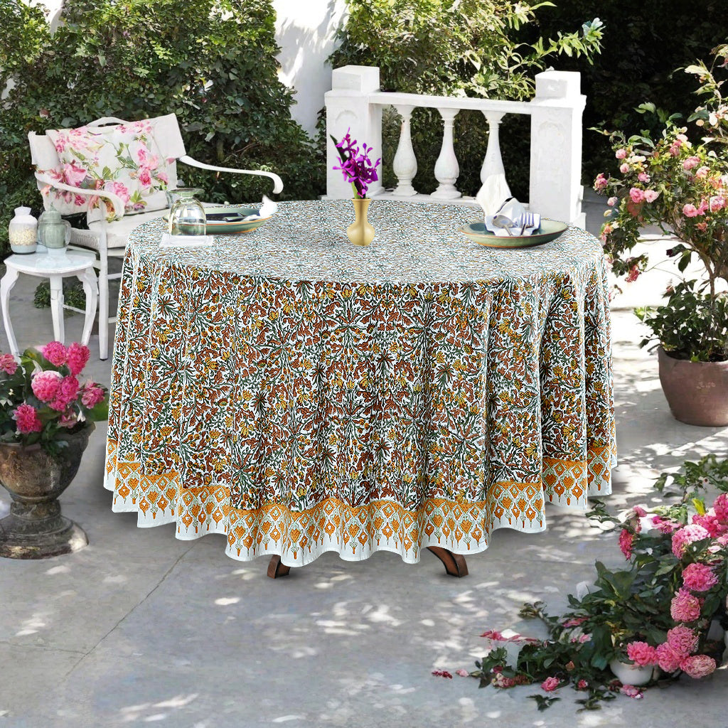 Goldenrod Yellow Indian Floral Hand-Block Printed Cotton Round Tablecloth