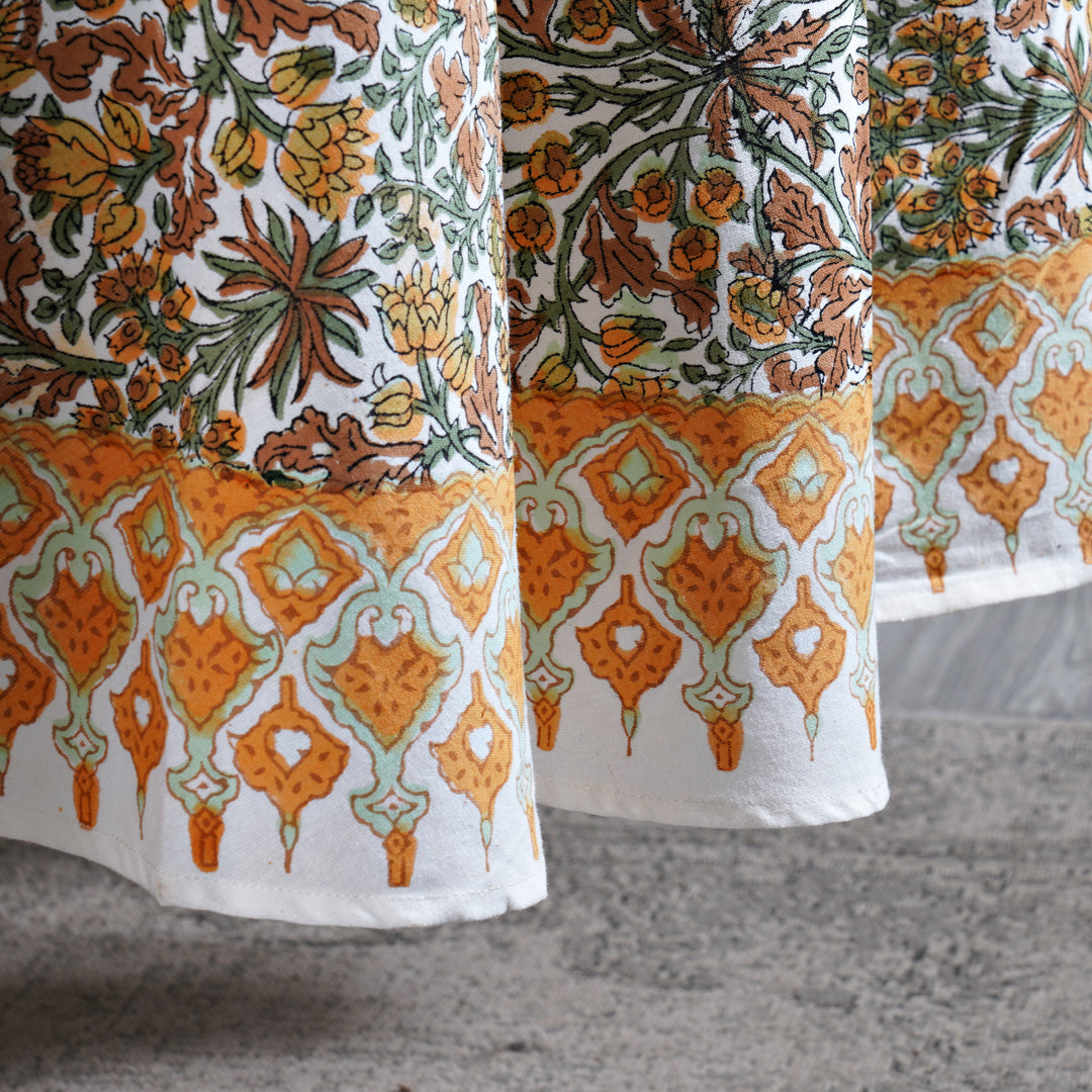 Goldenrod Yellow Indian Floral Hand-Block Printed Cotton Round Tablecloth