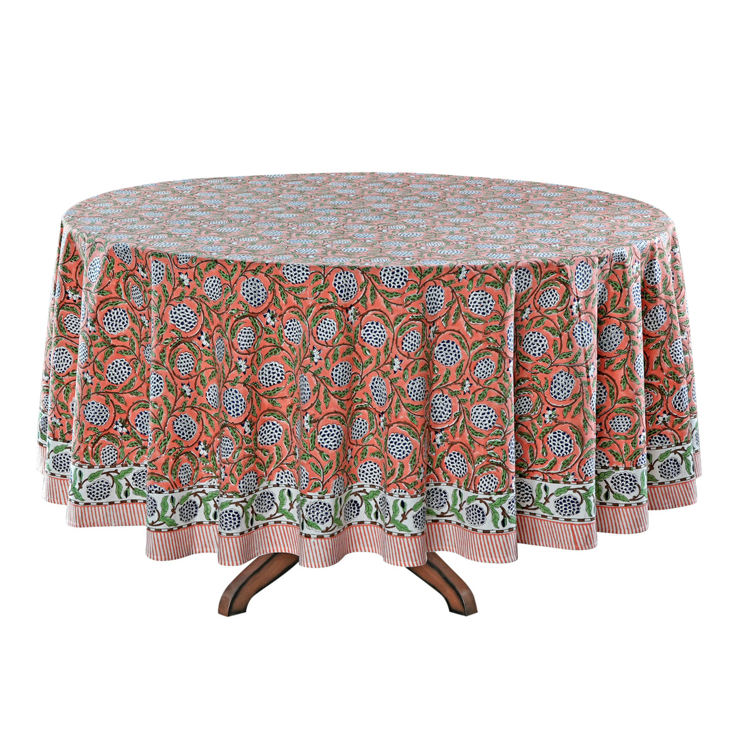 Dark Salmon Pink Indian Floral Hand-Block Printed Cotton Round Tablecloth