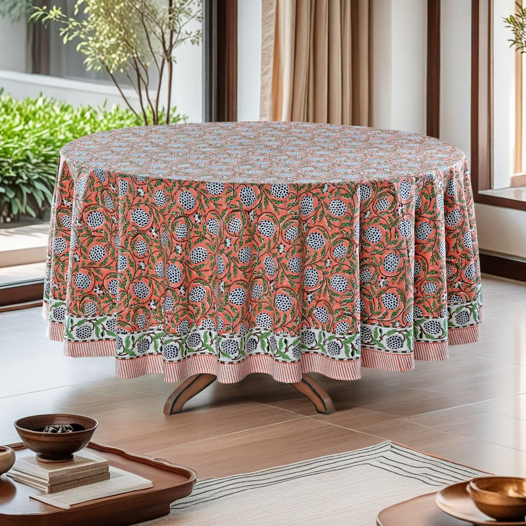 Dark Salmon Pink Indian Floral Hand-Block Printed Cotton Round Tablecloth