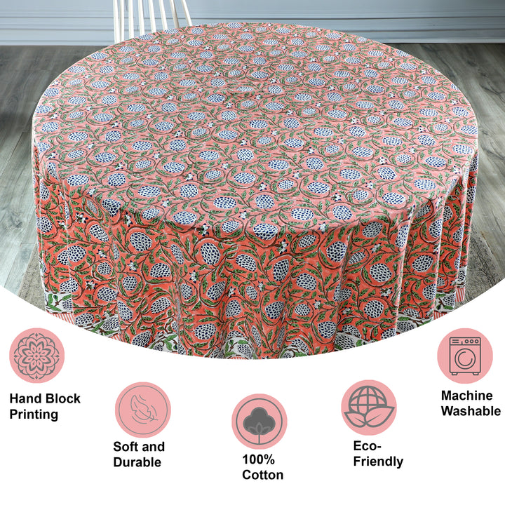 Dark Salmon Pink Indian Floral Hand-Block Printed Cotton Round Tablecloth