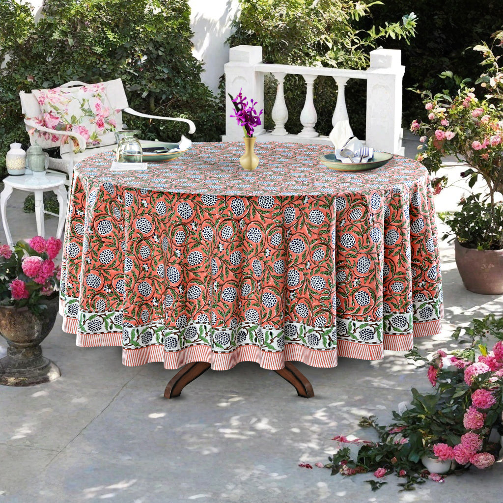 Dark Salmon Pink Indian Floral Hand-Block Printed Cotton Round Tablecloth