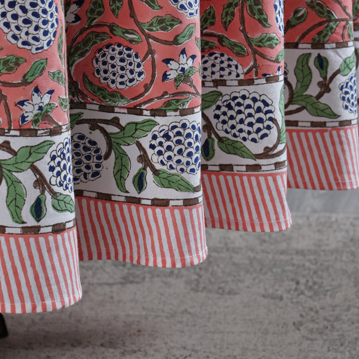 Dark Salmon Pink Indian Floral Hand-Block Printed Cotton Round Tablecloth