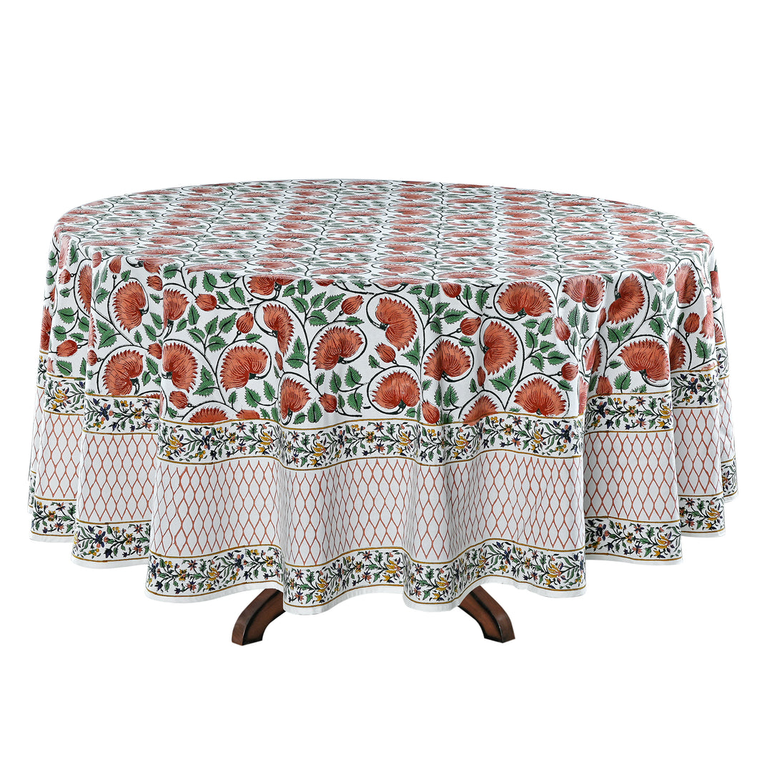 Burnt Orange Indian Floral Hand-Block Printed Cotton Round Tablecloth