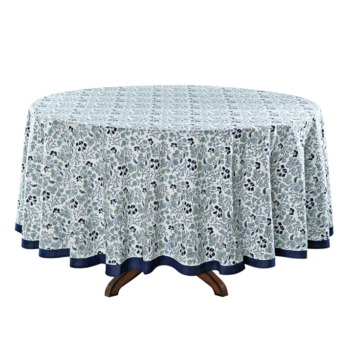 Denim and Baby Blue Indian Floral Block Printed Cotton Round Table cover