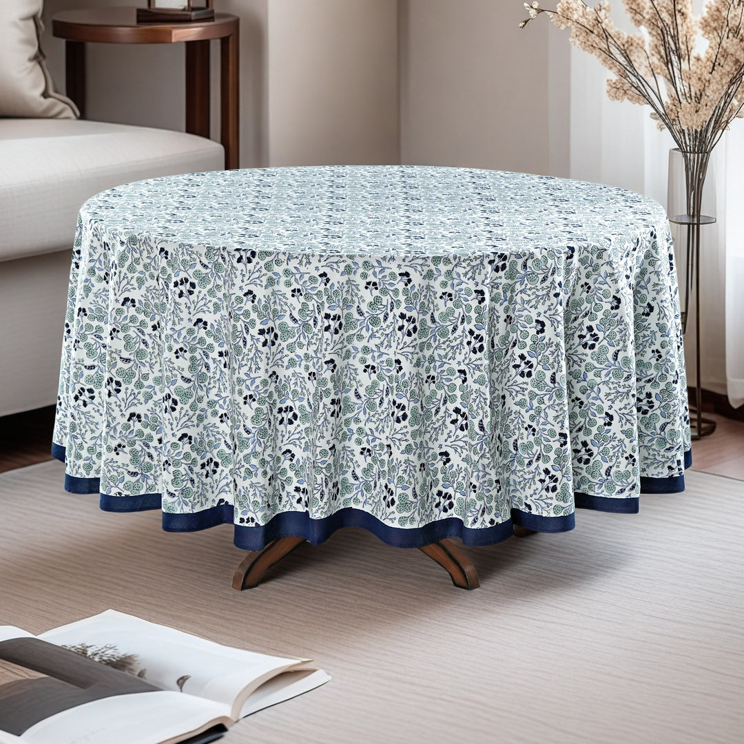 Denim and Baby Blue Indian Floral Block Printed Cotton Round Table cover