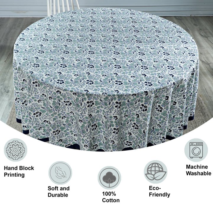 Denim and Baby Blue Indian Floral Block Printed Cotton Round Table cover