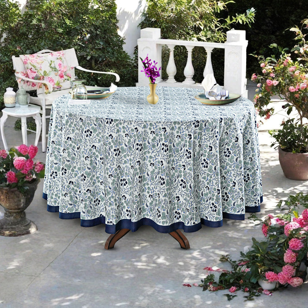 Denim and Baby Blue Indian Floral Block Printed Cotton Round Table cover