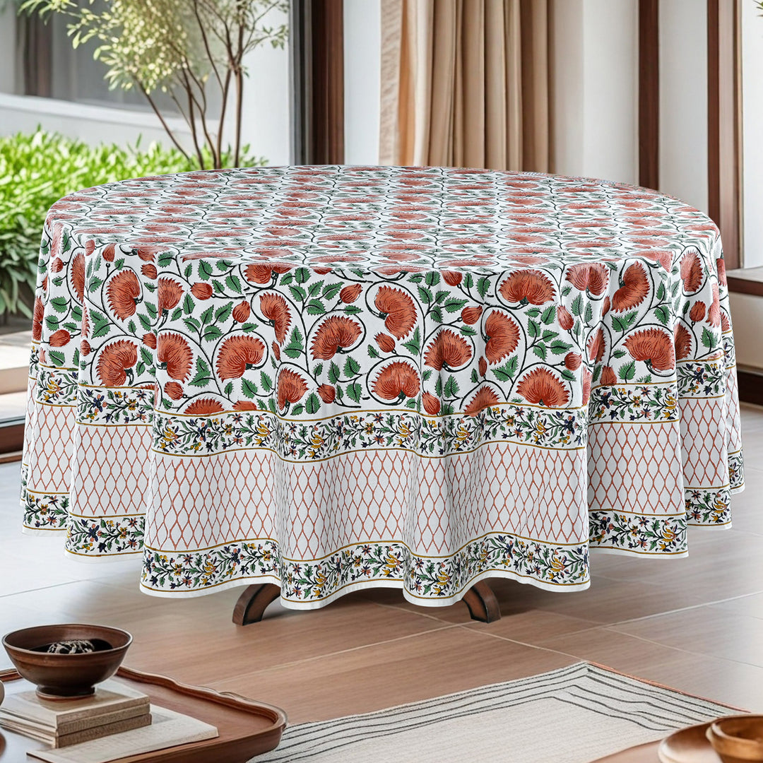 Burnt Orange Indian Floral Hand-Block Printed Cotton Round Tablecloth