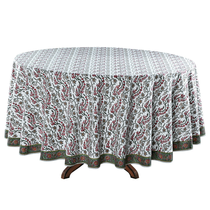 Coral Pink, Hunter Green Indian Floral Hand-Block Printed Cotton Round Tablecloth