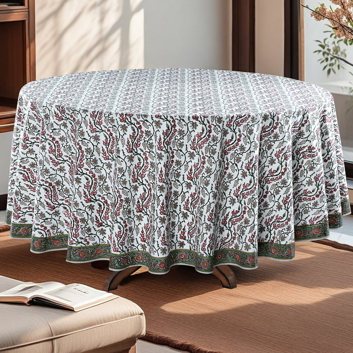 Coral Pink, Hunter Green Indian Floral Hand-Block Printed Cotton Round Tablecloth