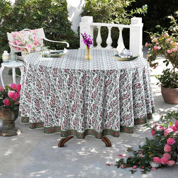 Coral Pink, Hunter Green Indian Floral Hand-Block Printed Cotton Round Tablecloth