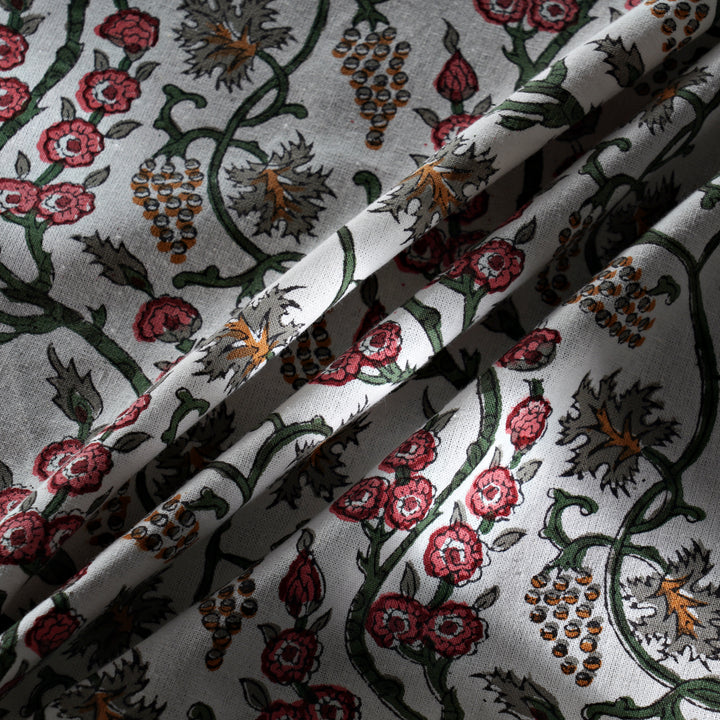 Coral Pink, Hunter Green Indian Floral Hand-Block Printed Cotton Round Tablecloth