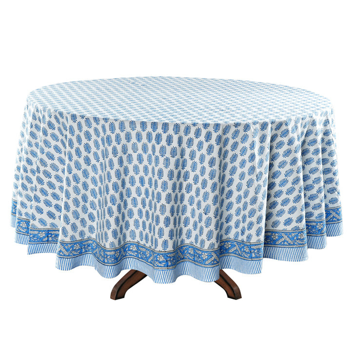 Blue Leaf Print Hand Block Print Cotton Round Tablecloth