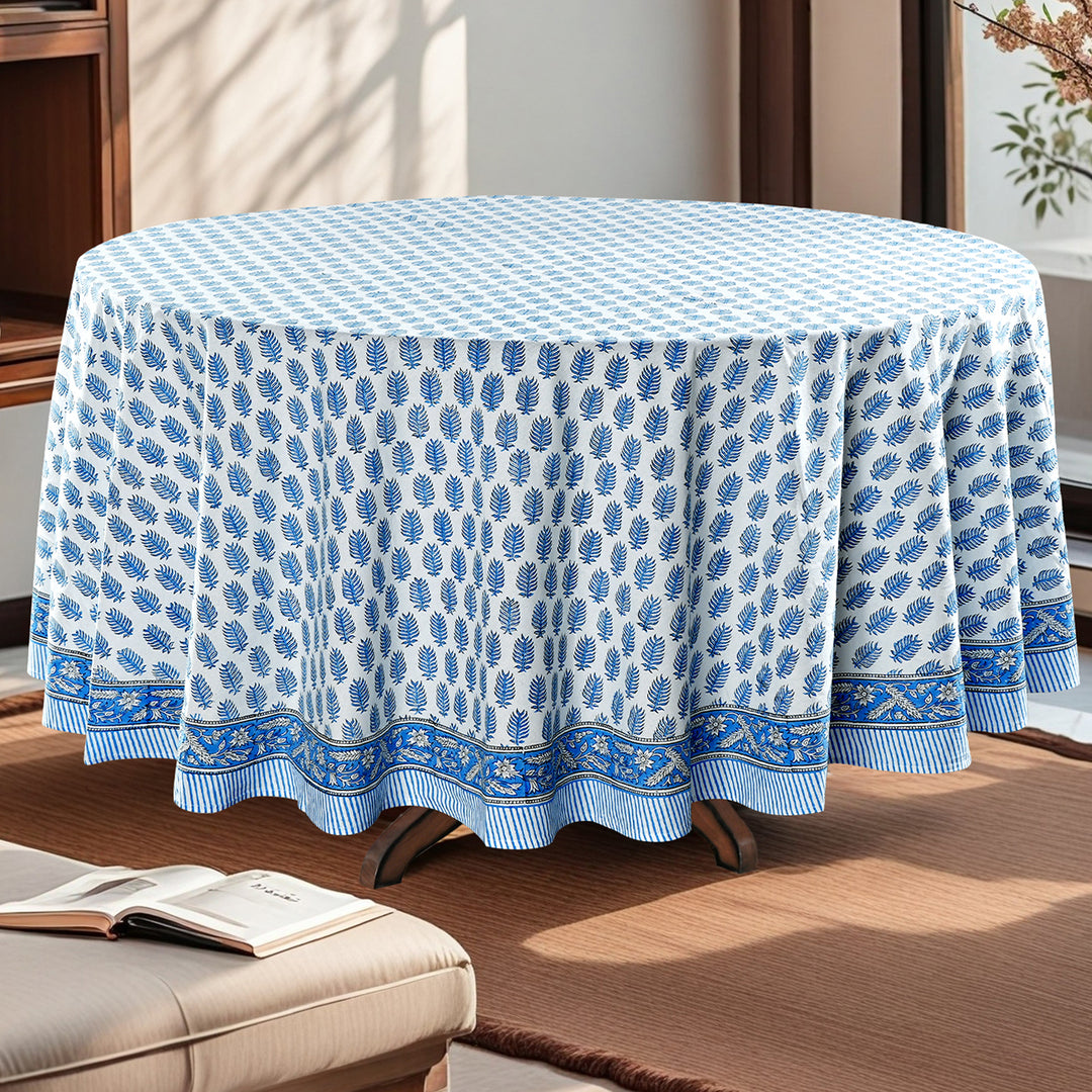 Blue Leaf Print Hand Block Print Cotton Round Tablecloth