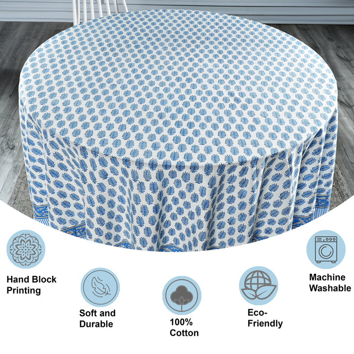 Blue Leaf Print Hand Block Print Cotton Round Tablecloth