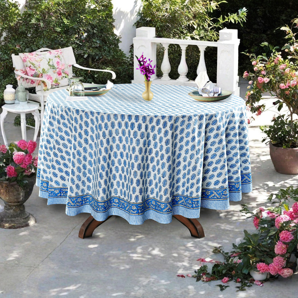 Blue Leaf Print Hand Block Print Cotton Round Tablecloth