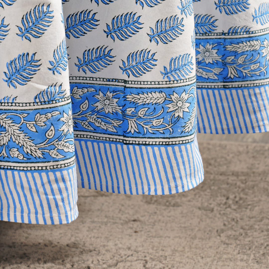 Blue Leaf Print Hand Block Print Cotton Round Tablecloth