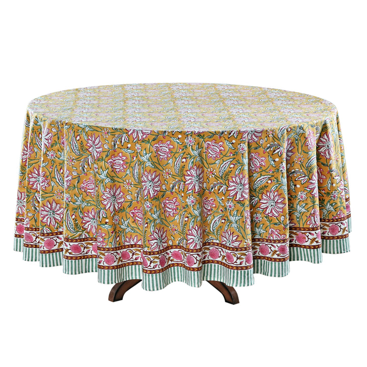 Biscotti Yellow Indian Floral Block Printed Cotton Round Table cover