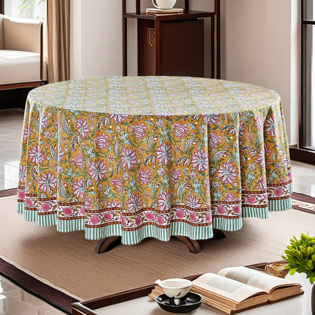 Biscotti Yellow Indian Floral Block Printed Cotton Round Table cover