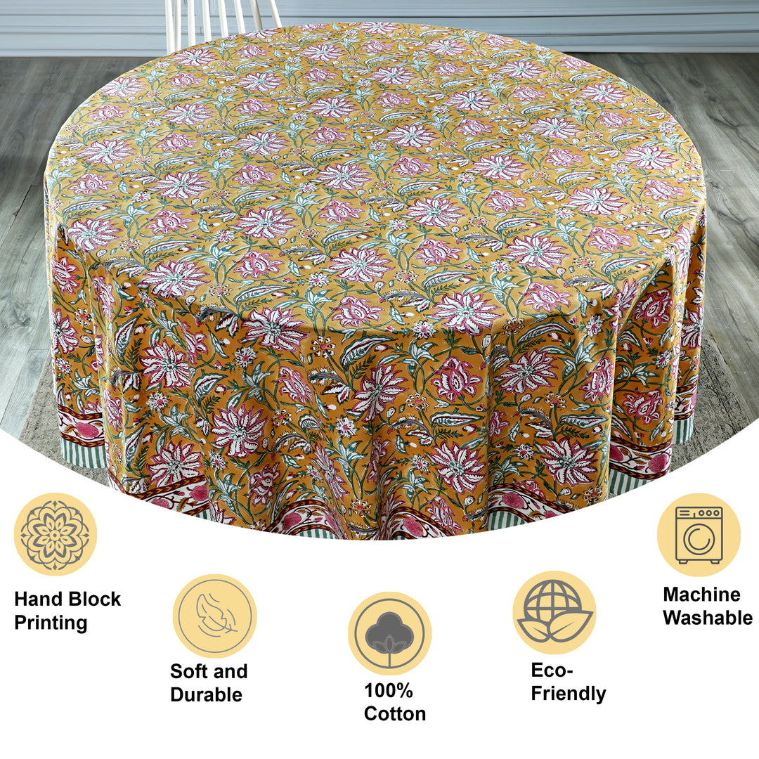 Biscotti Yellow Indian Floral Block Printed Cotton Round Table cover