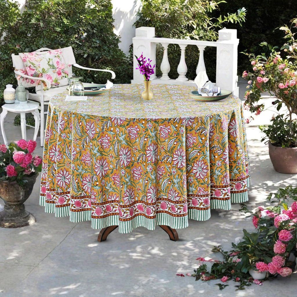 Biscotti Yellow Indian Floral Block Printed Cotton Round Table cover