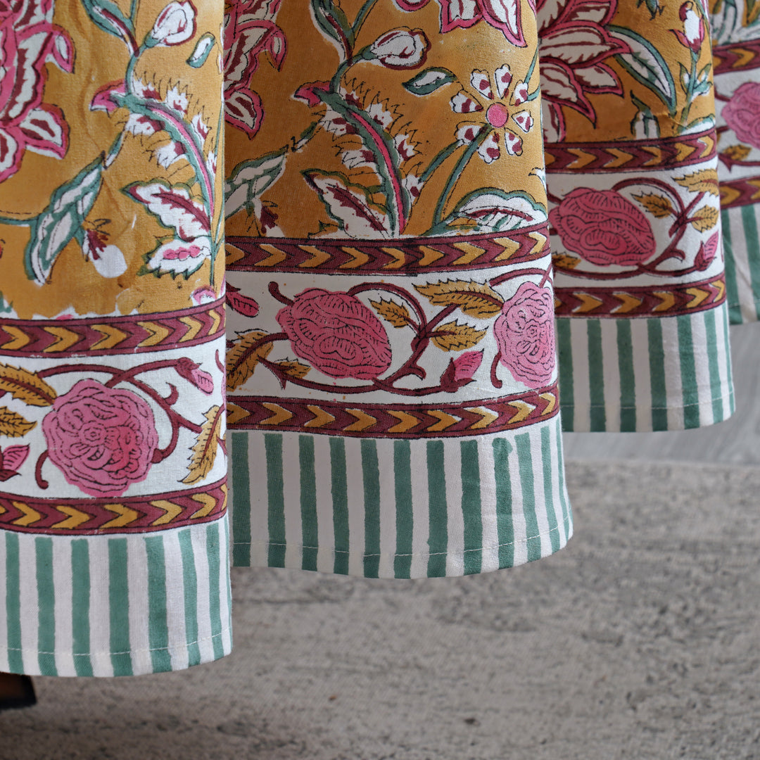 Biscotti Yellow Indian Floral Block Printed Cotton Round Table cover