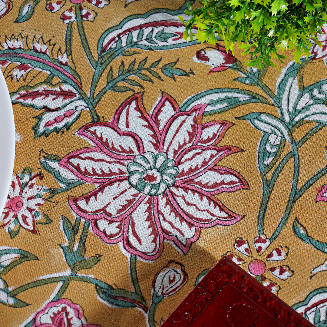 Biscotti Yellow Indian Floral Block Printed Cotton Round Table cover