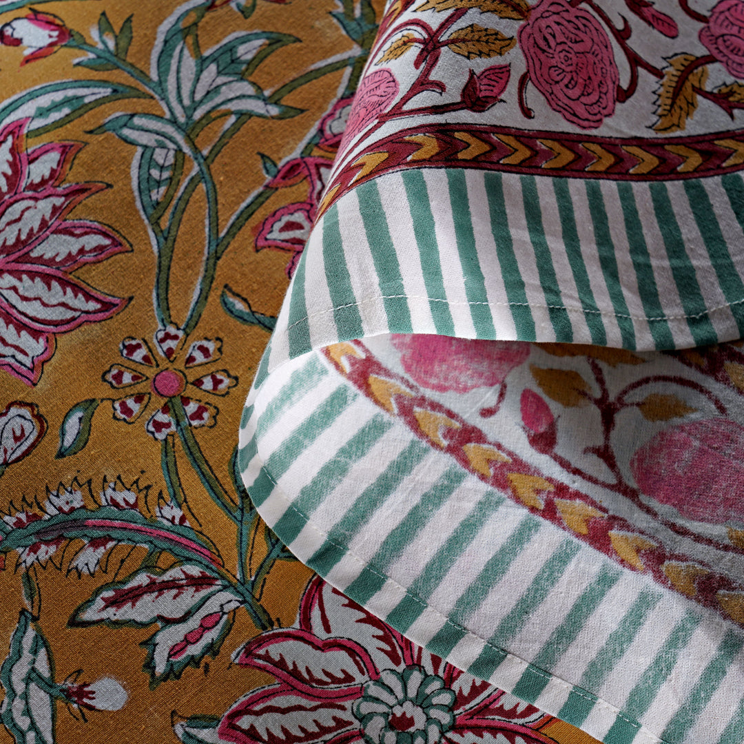 Biscotti Yellow Indian Floral Block Printed Cotton Round Table cover