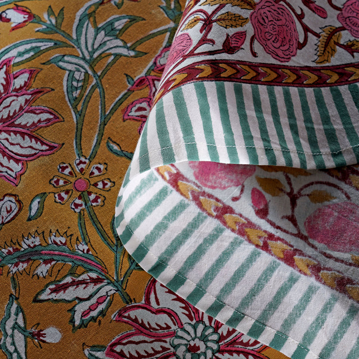 Biscotti Yellow Indian Floral Block Printed Cotton Round Table cover