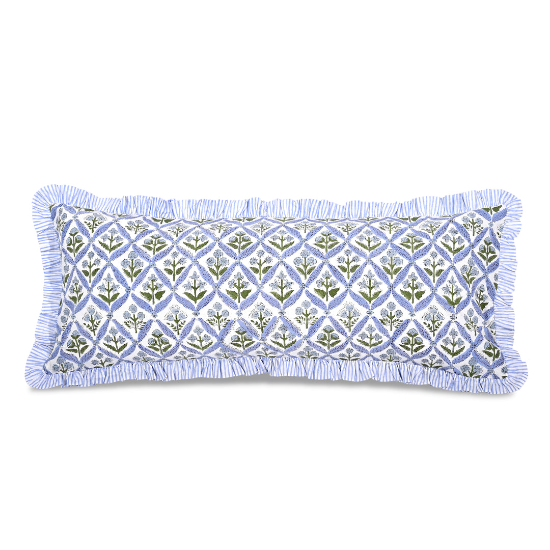 Hand Block Printed Light Steel Blue Ruffle 14x36 Lumbar Pillow Cover Product Image 1