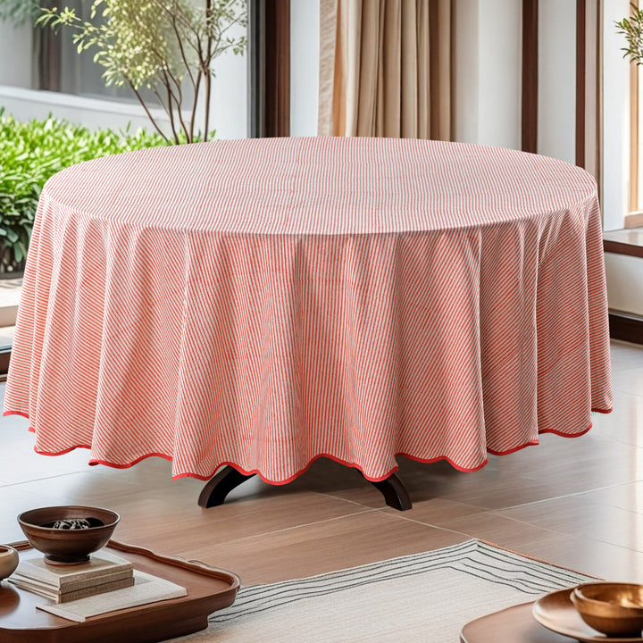 Pink Stripes, Pink Scallop Piping Round Tablecloth