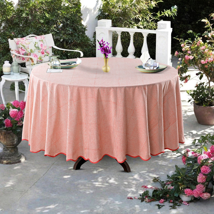 Pink Stripes, Pink Scallop Piping Round Tablecloth