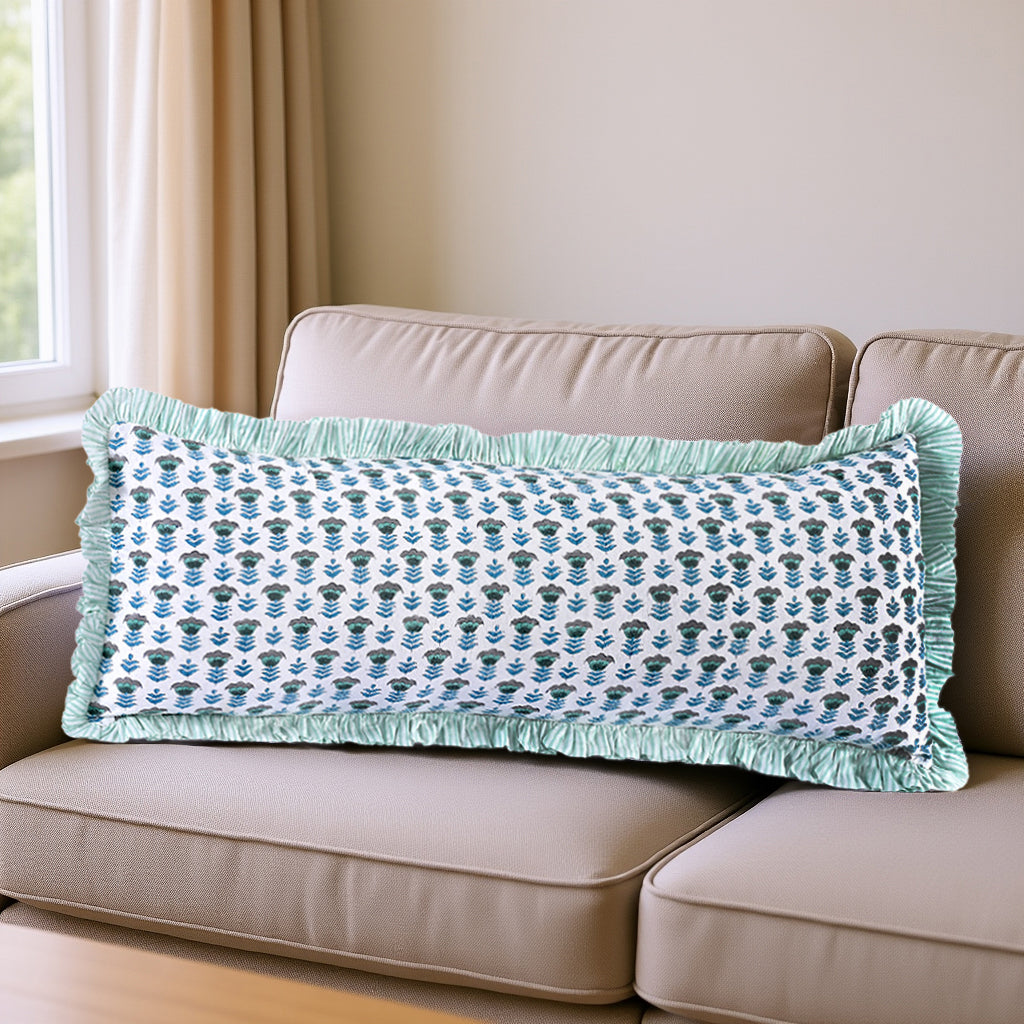 Aquamarine Blue Ruffle 14x36 Inches Long Lumbar Pillow Cover