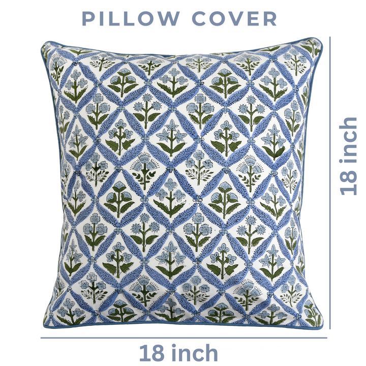 Light Steel Blue Indian Hand Block Printed Cotton Floral Throw Pillow/Cushion Covers