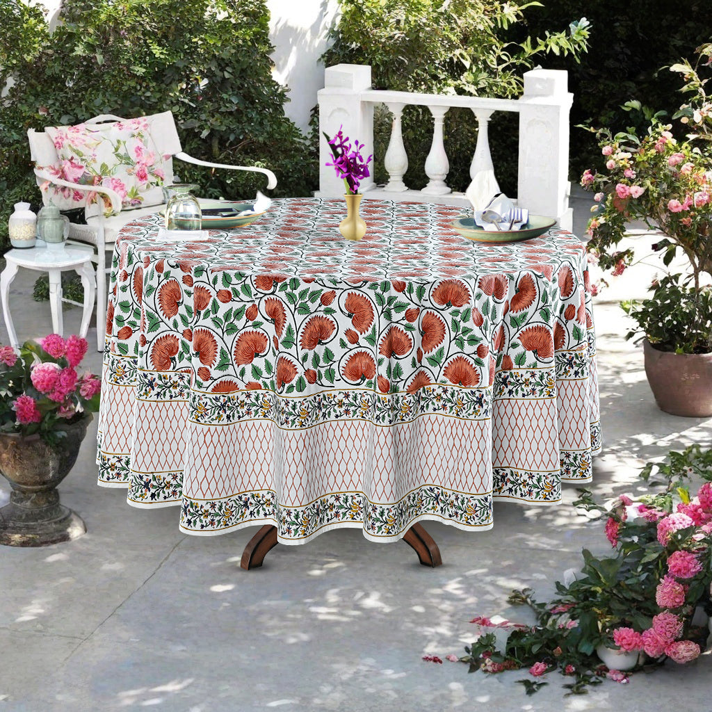 Burnt Orange Indian Floral Hand-Block Printed Cotton Round Tablecloth