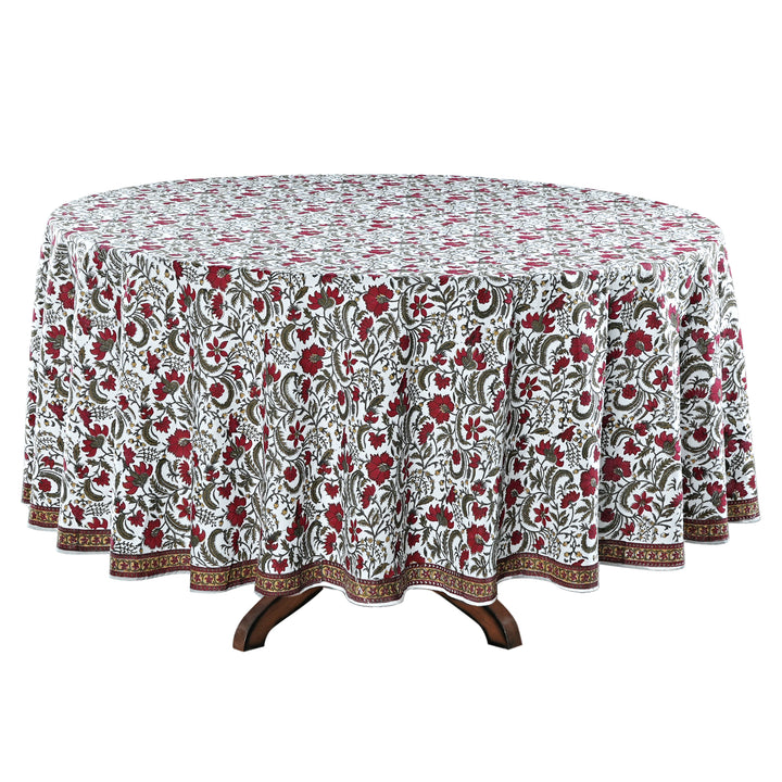 Prune Red, Army Green Indian Floral Hand-Block Printed Cotton Round Tablecloth