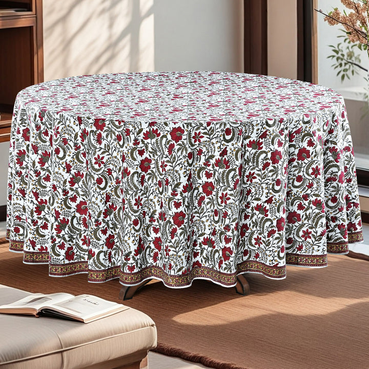 Prune Red, Army Green Indian Floral Hand-Block Printed Cotton Round Tablecloth