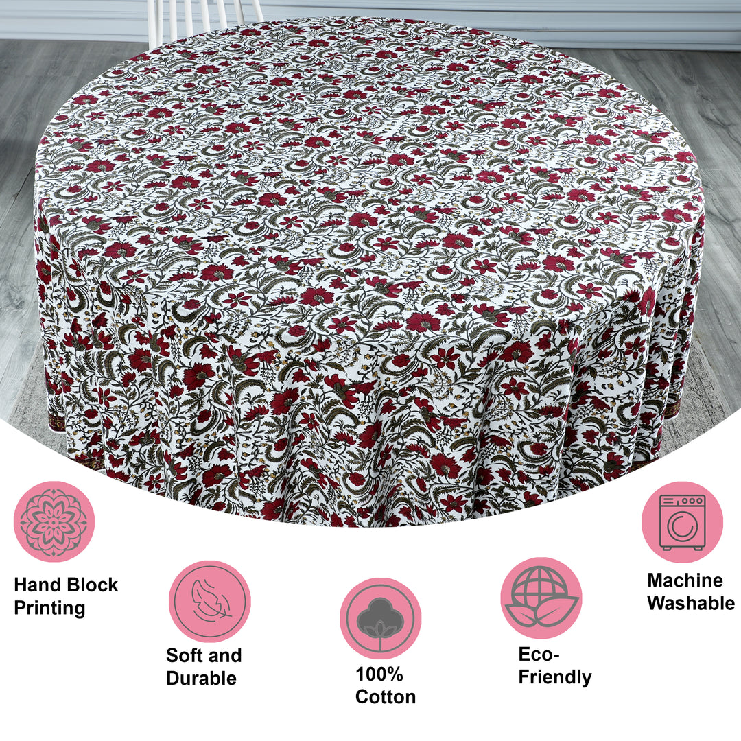 Prune Red, Army Green Indian Floral Hand-Block Printed Cotton Round Tablecloth