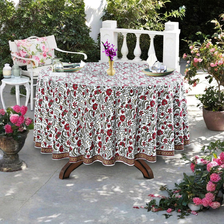 Prune Red, Army Green Indian Floral Hand-Block Printed Cotton Round Tablecloth